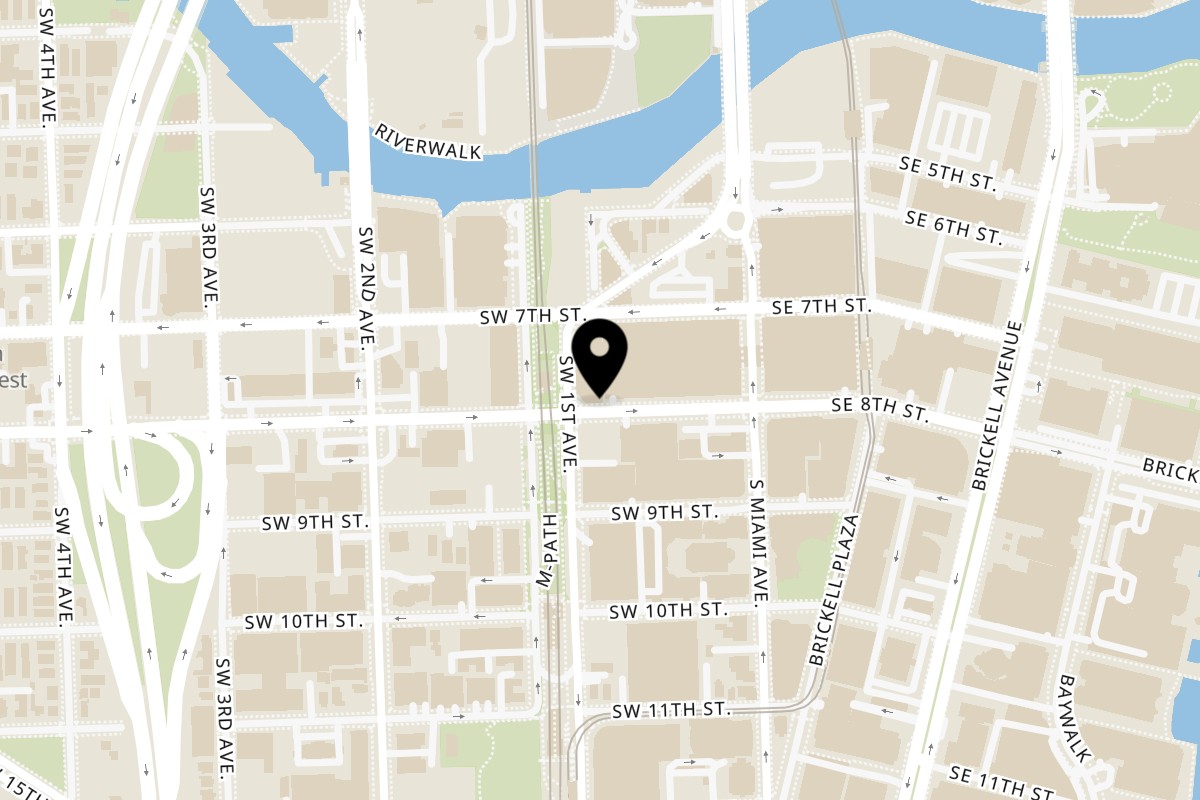Map showing the location of Toasted Bagelry & Deli Brickell on 83 SW 8th St in Miami